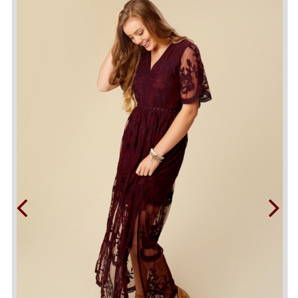 Altar’d State Wine Marionette Lace Maxi Dress Small